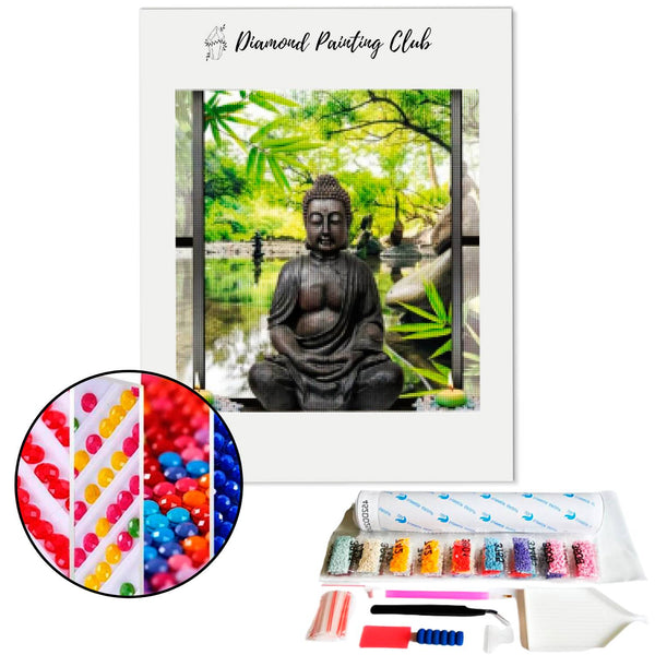 Diamond painting Boeddha raam op zen tuin | Diamond-painting-club.nl