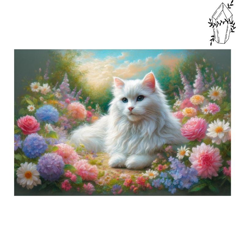 Diamond Painting Witte Angora Kat in de bloemen | Diamond-painting-club.nl