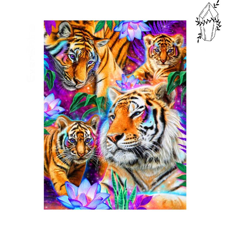 Diamond Painting Tiger Familie in Bloemen | Diamond-painting-club.nl