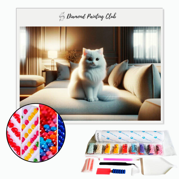 Diamond Painting Witte Kat in de Salon | Diamond-painting-club.nl