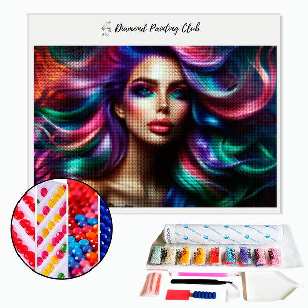 Diamond Painting Vrouw met veelkleurige haardos | Diamond-painting-club.nl