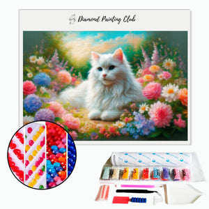 Diamond Painting Witte Angora Kat in de bloemen | Diamond-painting-club.nl