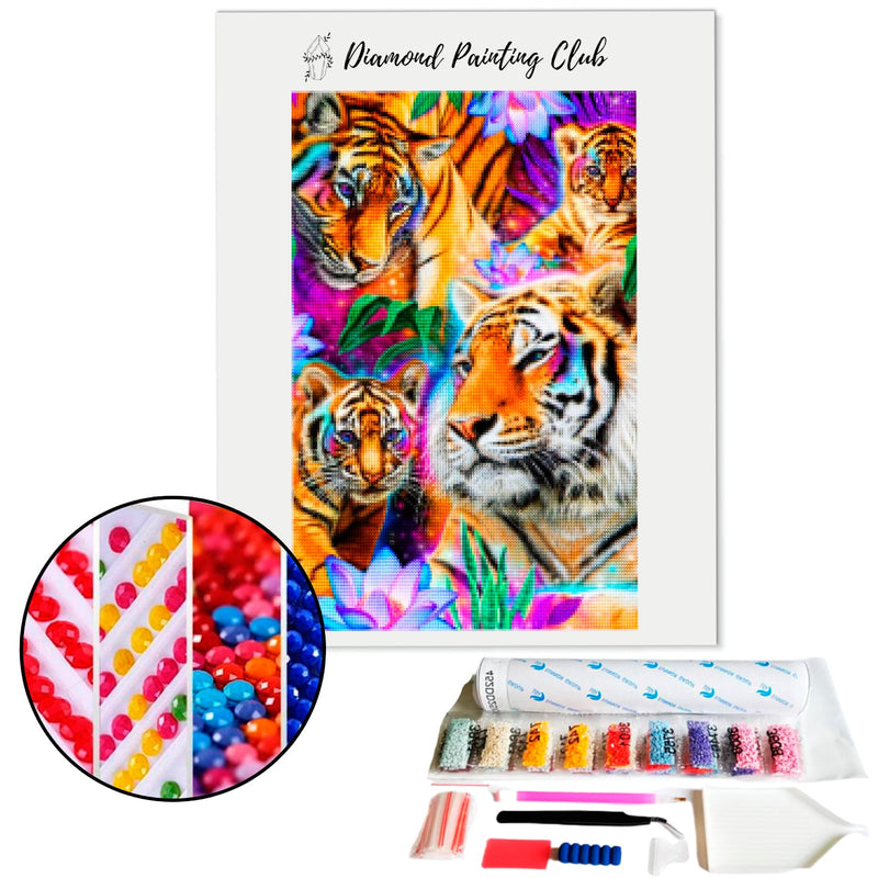 Diamond Painting Tiger Familie in Bloemen | Diamond-painting-club.nl