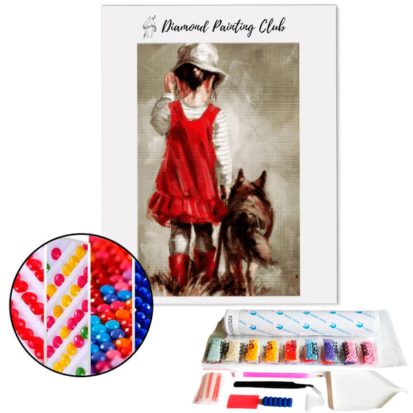 Diamond Painting Rood Meisje met haar Hond | Diamond-painting-club.nl